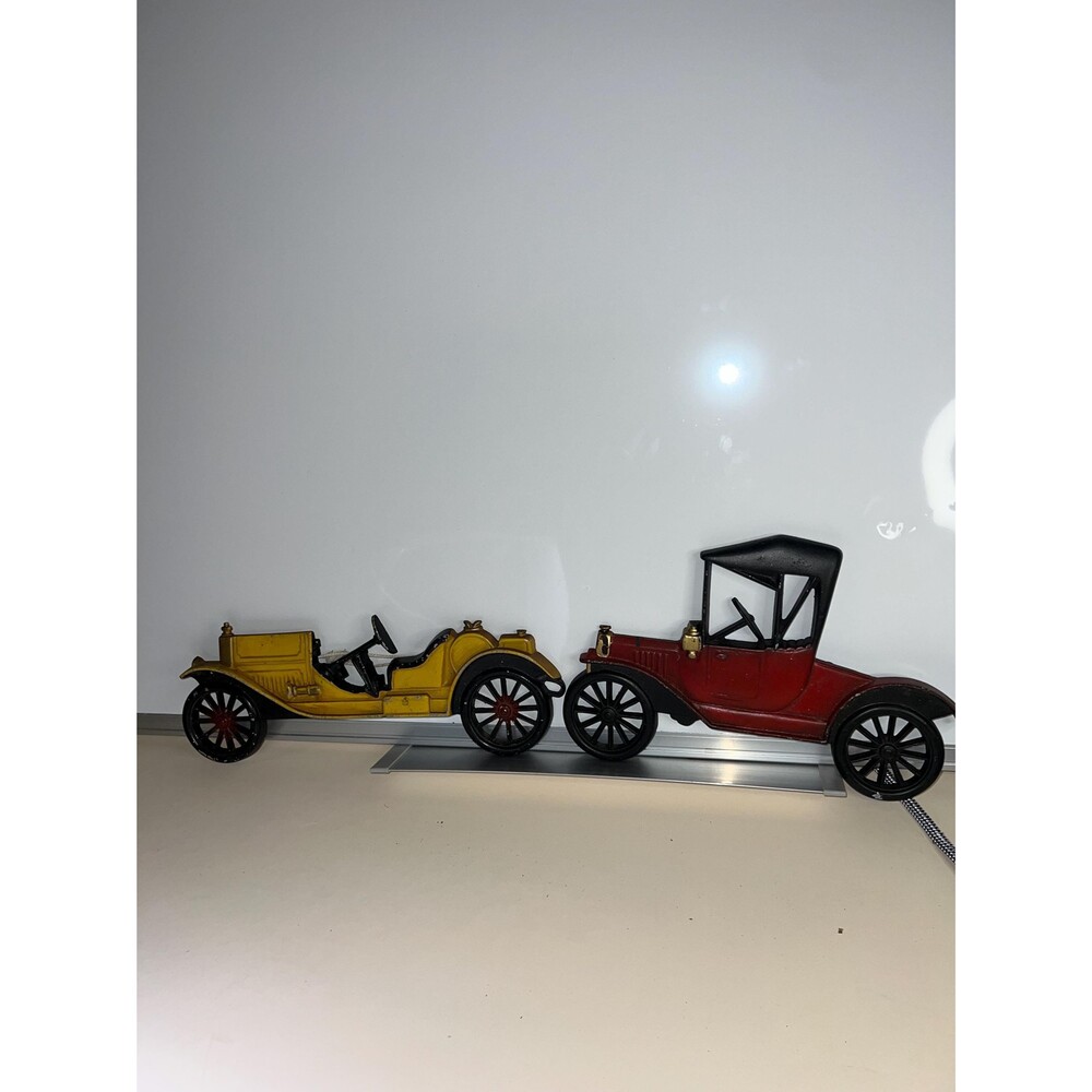 Cast Iron Model T Automobile Wall Plaques Red Yellow Early Car Decor Pair VTG